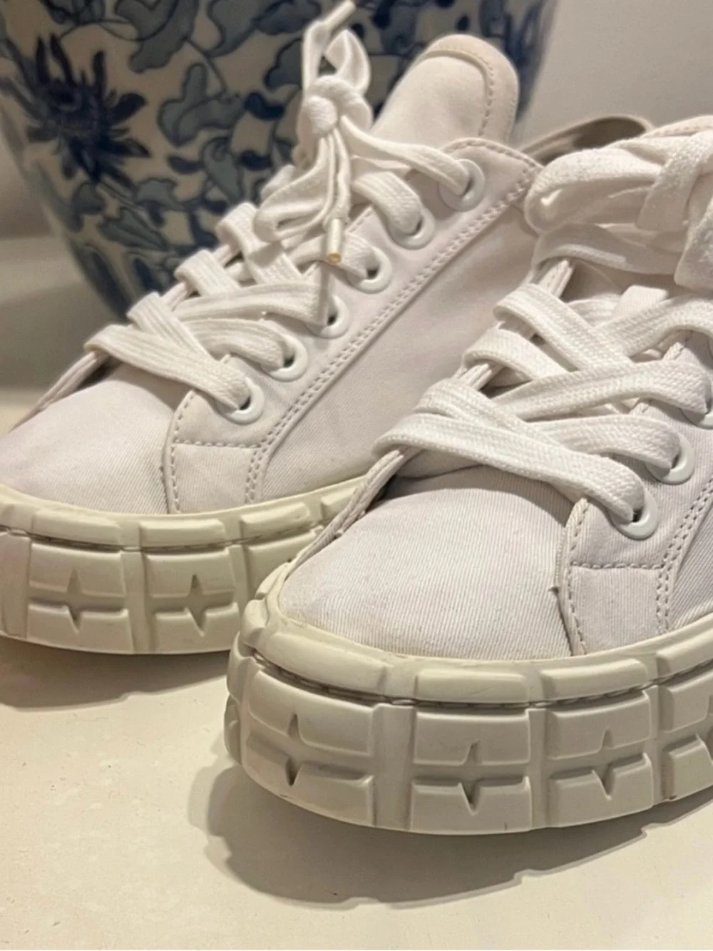 Prada Wheel Gabardine White Canvas Low-Top Sneakers with Logo Heel sz 37 1/2 - Picture 10 of 12